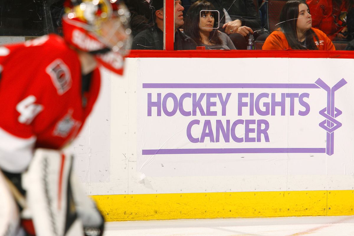 Craig Anderson of the Ottawa Senators defends his net against the Philadelphia Flyers during the Hockey Fights Cancer Night at Scotiabank Place on October 18, 2011 in Ottawa. (Photo by Phillip MacCallum/Getty Images)