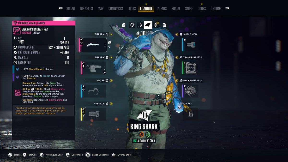 A screenshot from Suicide Squad: Kill the Justice League showing the loadout menu and King Shark’s equipped weapon, Bizarro’s Undeath Ray