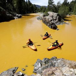 People kayak in the Animas River near Durango, Colo., Thursday, Aug. 6, 2015, in water colored from a mine waste spill. The U.S. Environmental Protection Agency said that a cleanup team was working with heavy equipment Wednesday to secure an entrance to the Gold King Mine. Workers instead released an estimated 1 million gallons of mine waste into Cement Creek, which flows into the Animas River.