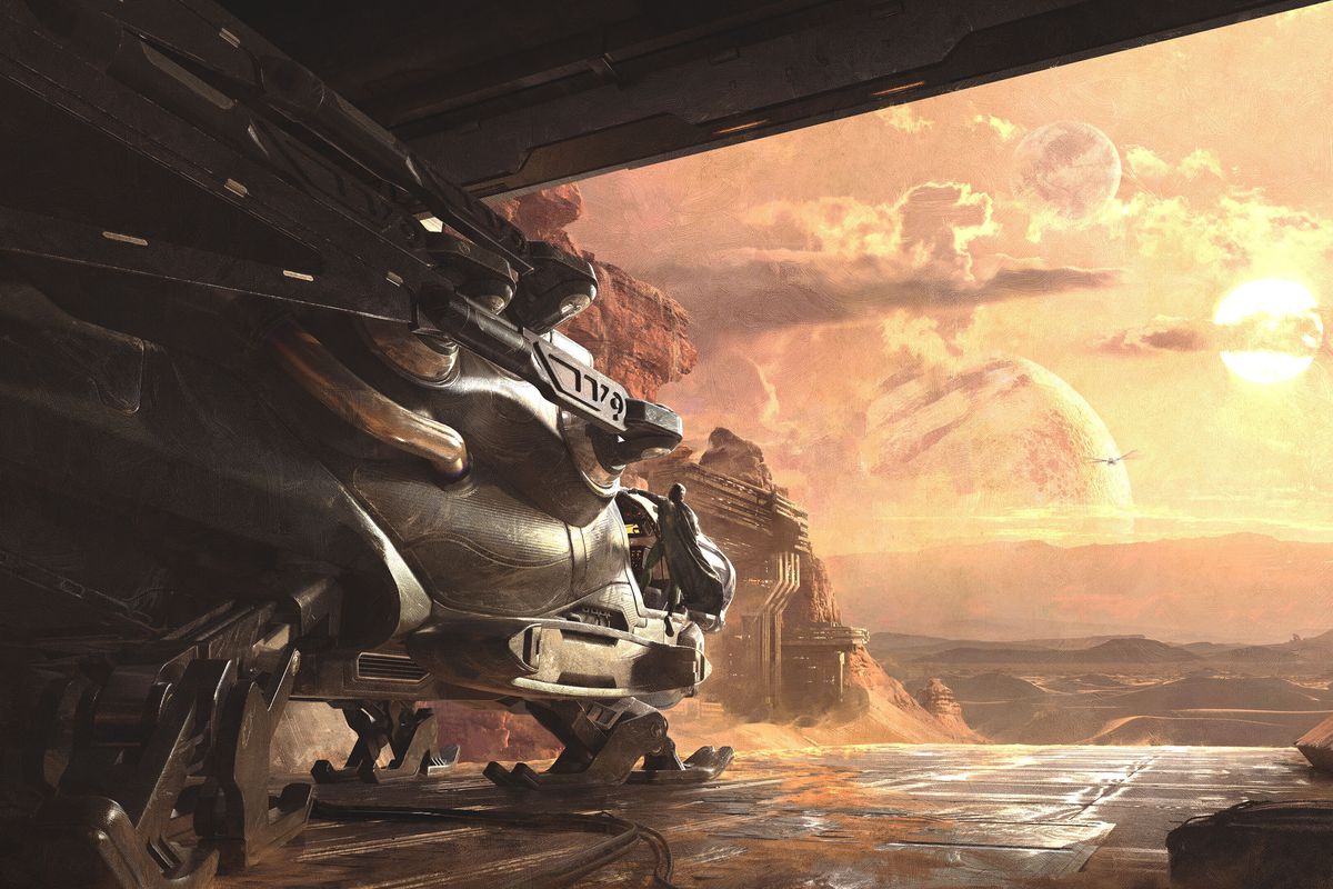 A character on a landing ship overlooking Arrakis in concept art from the untitled Dune survival game