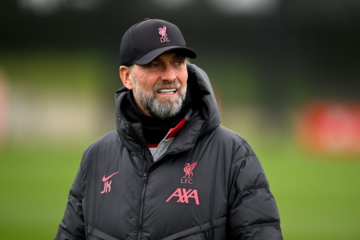 Jurgen Klopp manager of Liverpool during a training session at AXA Training Centre on February 02, 2023 in Kirkby, England