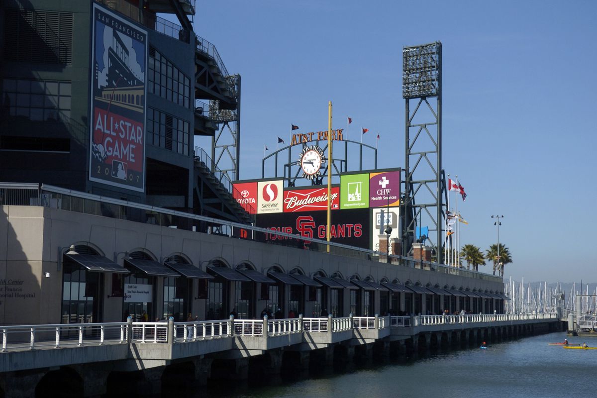 An outside view of Oracle Park from McCovey Cove, with the upper third of the jumbotron and accompanying advertisements visible