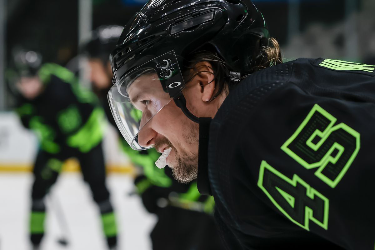 Dallas Stars defenseman Sami Vatanen (45) waits for play to start during the game between the Dallas Stars and the Carolina Hurricanes on April 26, 2021 at the American Airlines Center in Dallas, Texas.