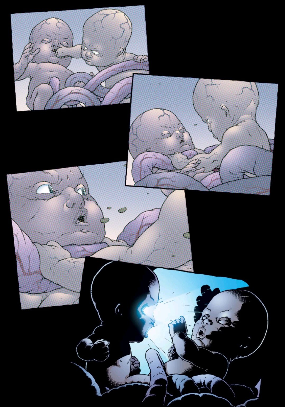 Two in utero babies slug each other, one attempting to choke the other with its umbilical cord, until the choked fetus responds with a psychic attack, in New X-Men #121, Marvel Comics (2002). 