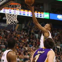 Utah's Rodney Hood shoots against the Los Angeles Lakers at the Vivint Smart Home Arena in Salt Lake City on Monday, March 28,  2016.  Hood scored 30 points in the first half.
