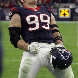 FILE - In this Dec. 28, 2014, file photo, Houston Texans defensive end J.J. Watt celebrates on the sideline after sacking Jacksonville Jaguars quarterback Blake Bortles for a safety in the second half of an NFL football game in Houston. Watt is a unanimous selection as The Associated Press NFL Defensive Player Of The Year for 2014. 