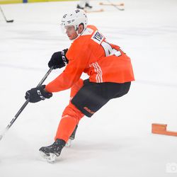 Cam York (D) skating and puck handling during drills for day two of development camp