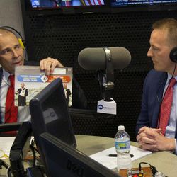 Third Congressional District Republican candidate John Curtis, left, confronts Tanner Ainge about a negative ad that was mailed by Ainge during a debate on KSL Newsradio in Salt Lake City on Wednesday, Aug. 7, 2017.