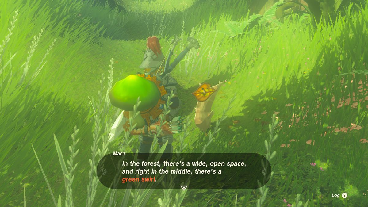 Link talking about a small Korok in a green field in Zelda: TOTK.