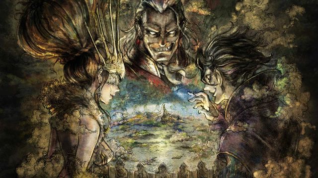 an illustration of three giant god-like figures looking down at a land for octopath traveler champions of the continent