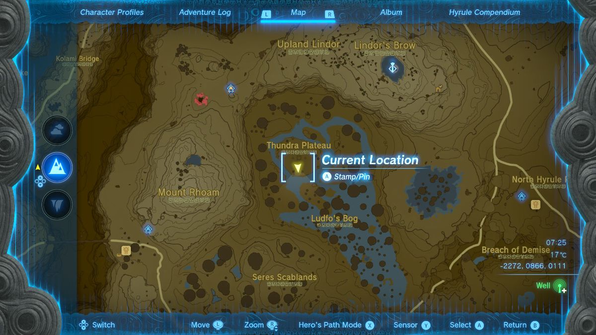A map shows the location of the Awakening Armor head piece in Zelda Tears of the Kingdom.