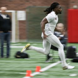 Defensive back Justin Thomas runs the 40-meter sprint at the University of Utah football Pro Day in Salt Lake City on Thursday, March 23, 2017.