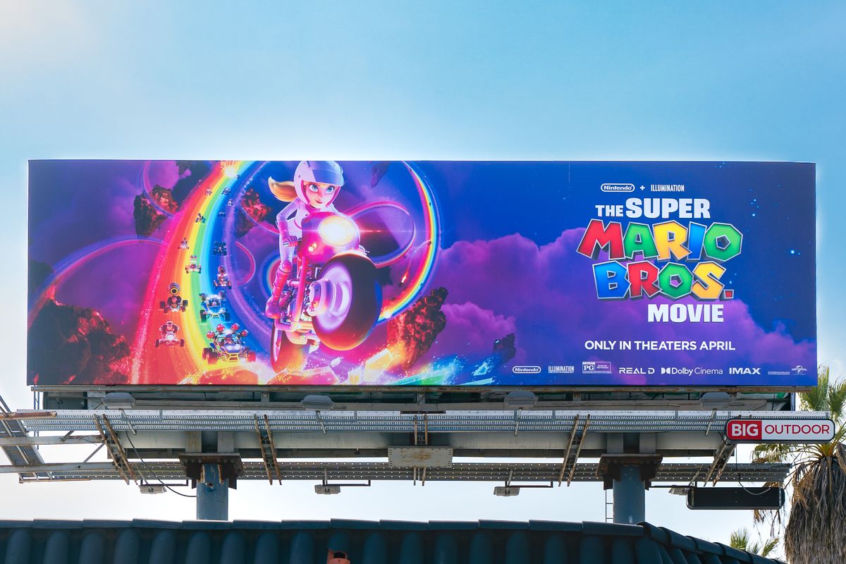 General view of a “Super Mario Bros. Movie” billboard featuring Princess Peach on the Sunset Strip