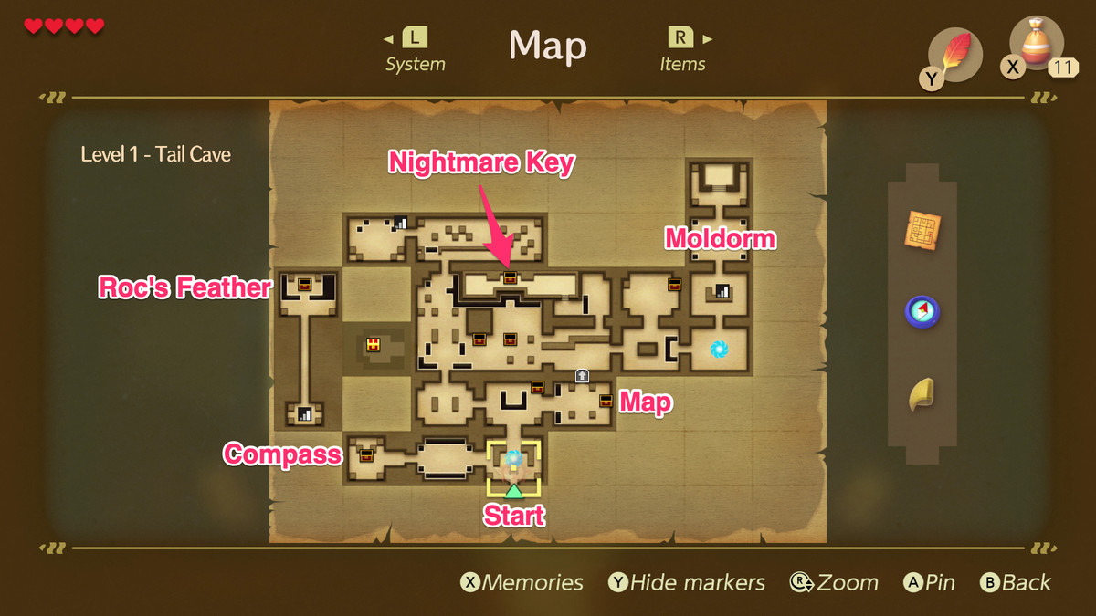 Link’s Awakening Tail Cave map showing important items and boss fight locations.