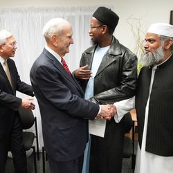 President Russell M. Nelson of The Church of Jesus Christ of Latter-day Saints greets Sheik Mohammad Amir and Elder Gerrit W. Gong, of The Church of Jesus Christ of Latter-day Saints’ Quorum of the Twelve Apostles, shakes hands with Dr. Mustafa Farouk in Auckland, New Zealand on May 21, 2019.