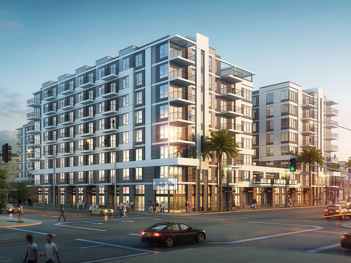 A rendering of the eight-story project as seen from the street. 