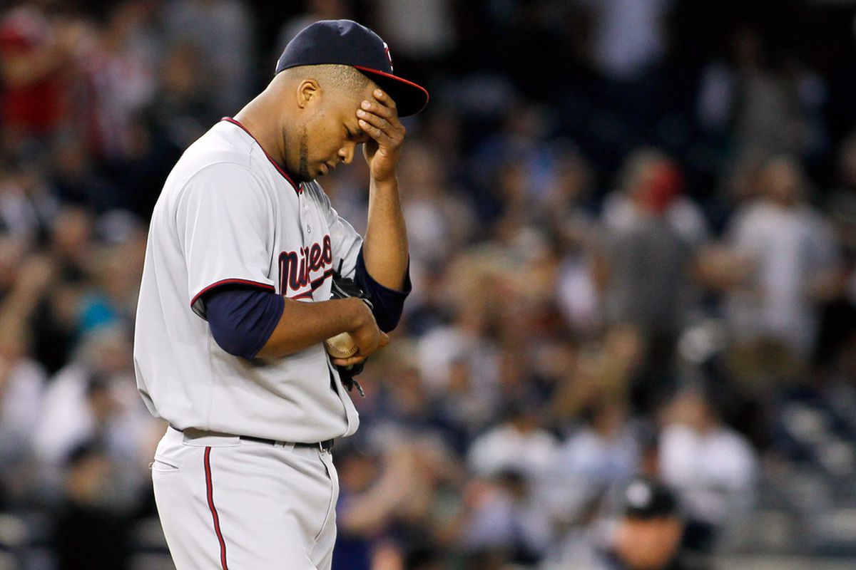 NEW YORK, NY - APRIL 17:  Francisco Liriano #47 of the Minnesota Twins reacts during the game against the New York Yankees at Yankee Stadium on April 17, 2012 in the Bronx borough of New York City.  (Photo by Mike Stobe/Getty Images)