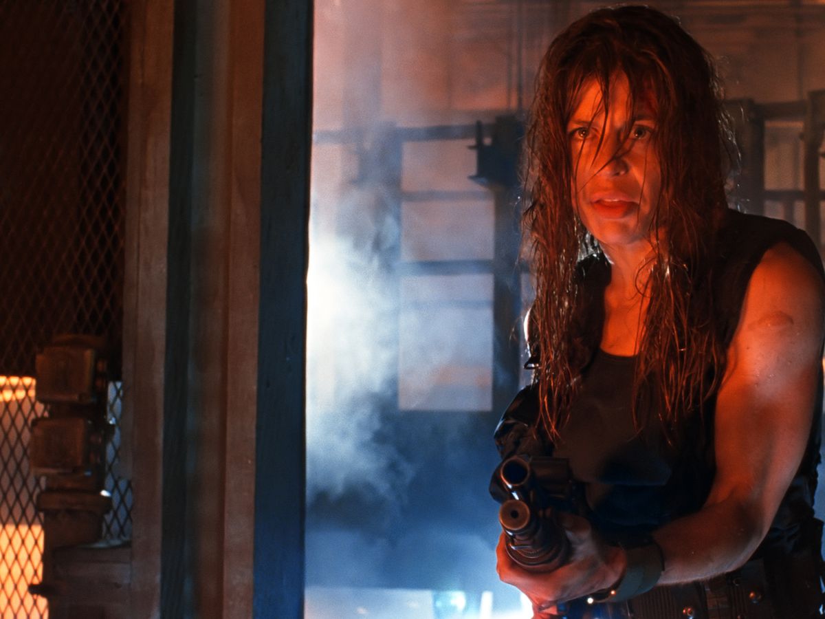 Linda Hamilton points a gun at the T-1000 in the Kaiser Steel Plant in “Terminator 2.”