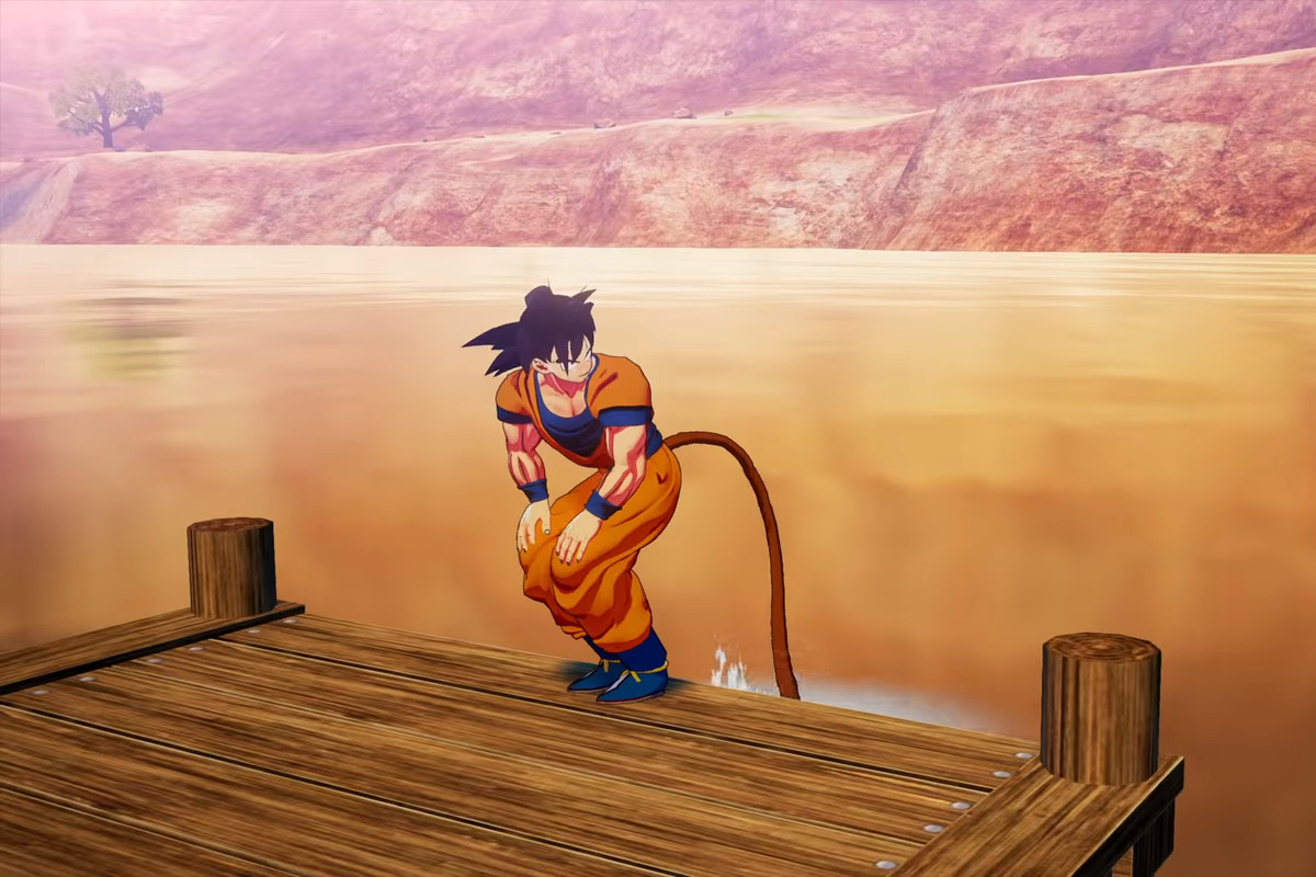Goku uses his tail to fish in Dragon Ball Z: Kakarot