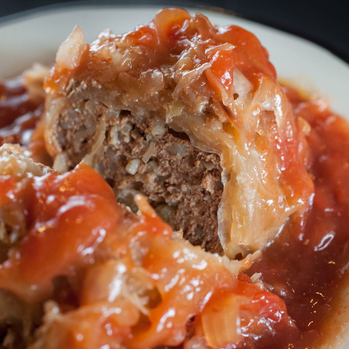 A piece of stuffed cabbage that’s stuffed with meat and covered in a tomato sauce at Kenny &amp; Ziggy’s.