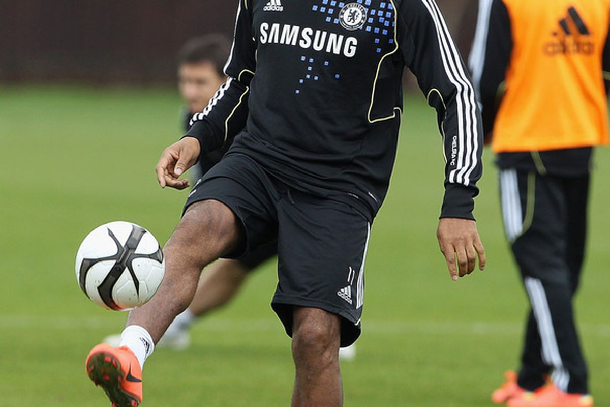COBHAM, ENGLAND - MAY 04:  Didier Drogba of Chelsea during a training session ahead of their FA Cup Final match against Liverpool at the club's Cobham training ground, on May 4, 2012 in Cobham, England. (Photo by Phil Cole/Getty Images)