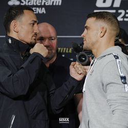 Max Holloway and Dustin Poirier square off at UFC 236 media day.