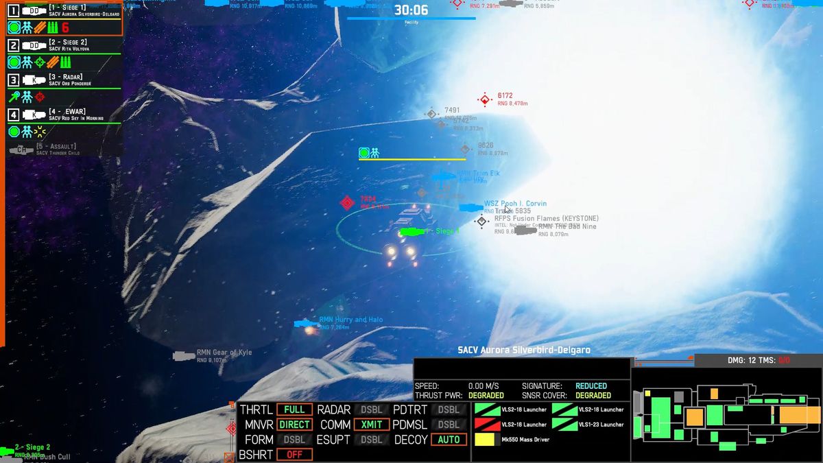 A bright blue explosion fills half of an asteroid field in the space ship tactics Nebulous: Fleet Command.
