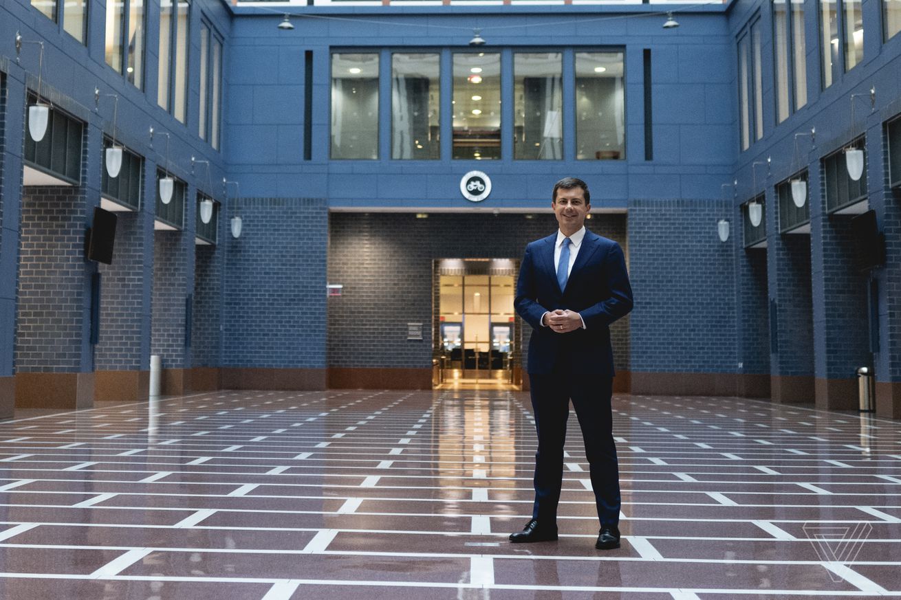 Secretary of Transportation, Pete Buttigieg poses for a portrait at the Department of Transportation offices in Washington D.C.
