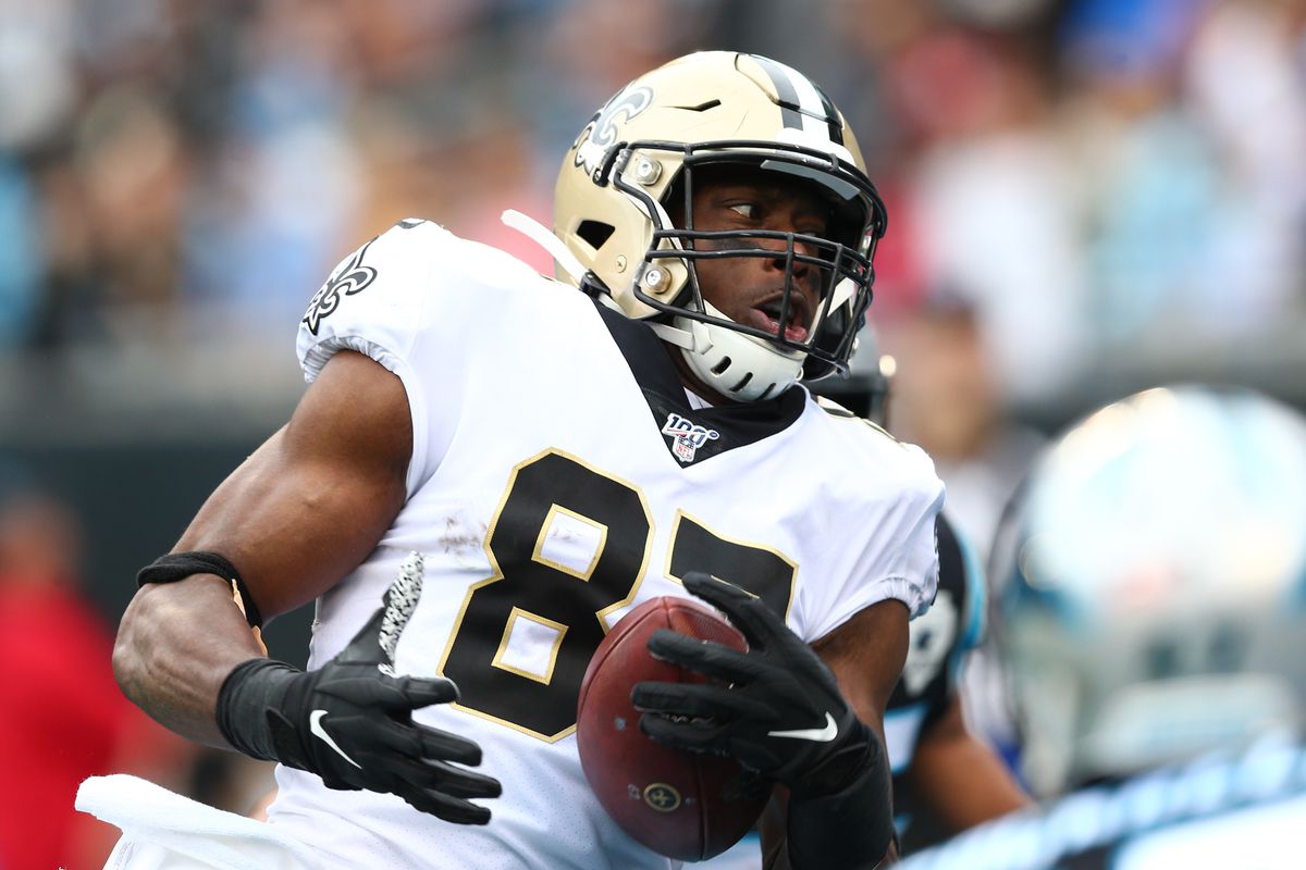 New Orleans Saints tight end Jared Cook catches a pass for a touchdown in the second quarter against the Carolina Panthers at Bank of America Stadium.