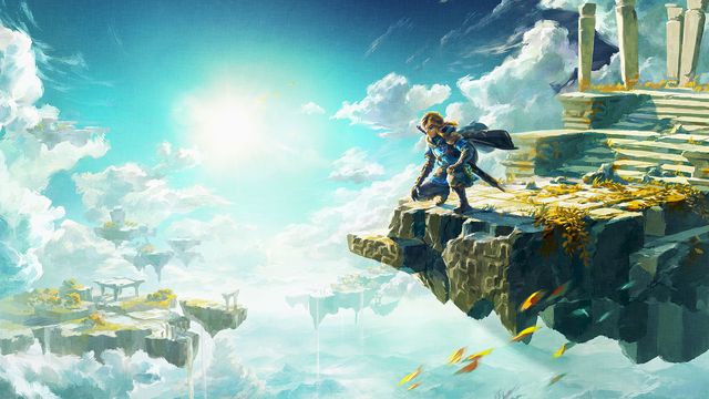 Link looking outwards towards the sky as he sits perched on the edge of a floating island in the sky. it’s an illustration for Zelda: Tears of the Kingdom