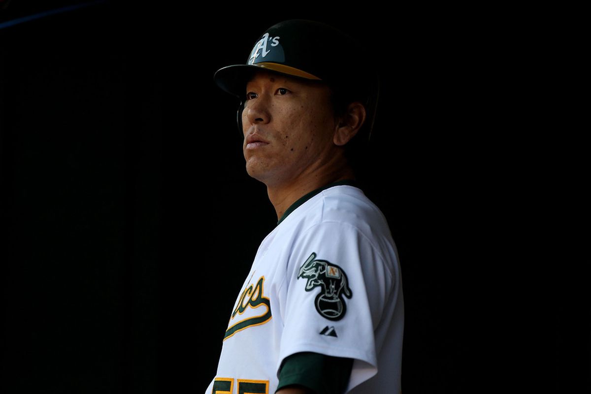 OAKLAND, CA - JULY 27:  Hideki Matsui #55 of the Oakland Athletics looks on against the Tampa Bay Rays at O.co Coliseum on July 27, 2011 in Oakland, California, and devises his insidious plans.