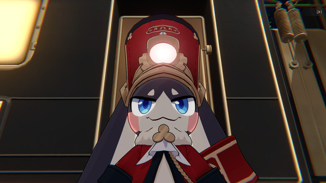Pom Pom, Honkai: Star Rail’s mascot character, standing in front of a train in their red train conductor outfit.