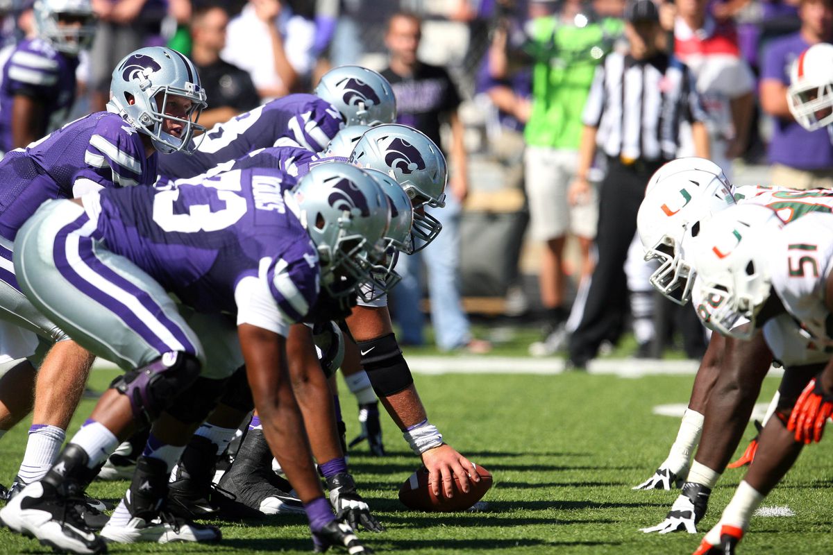 Sep 8, 2012; Manhattan, KS, USA; Kansas State Wildcats players line up against the Miami Hurricanes during the first half at Bill Snyder Family Stadium. Mandatory Credit: Scott Sewell-US PRESSWIRE