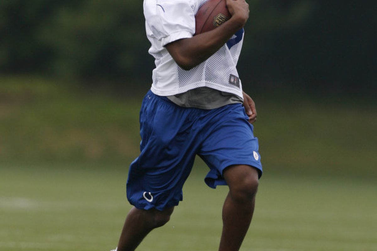 May 4, 2012; Indianapolis, IN, USA; Indianapolis Colts wide receiver T.Y. Hilton (13) runs with the ball during minicamp at the Indiana Farm Bureau Football Center. Mandatory Credit: Brian Spurlock-US PRESSWIRE