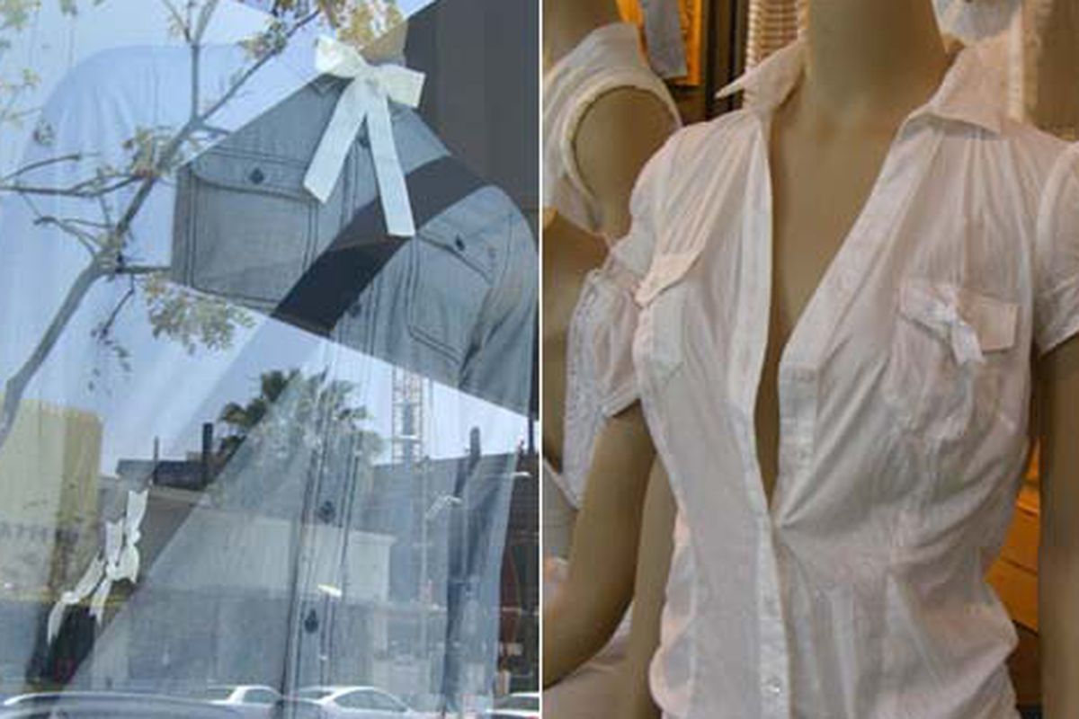 White knots at Levi's stores in Beverly Hills, left, and Santa Monica.  Images via <a href="http://whiteknot.org/levis.html">WhiteKnot.org</a>