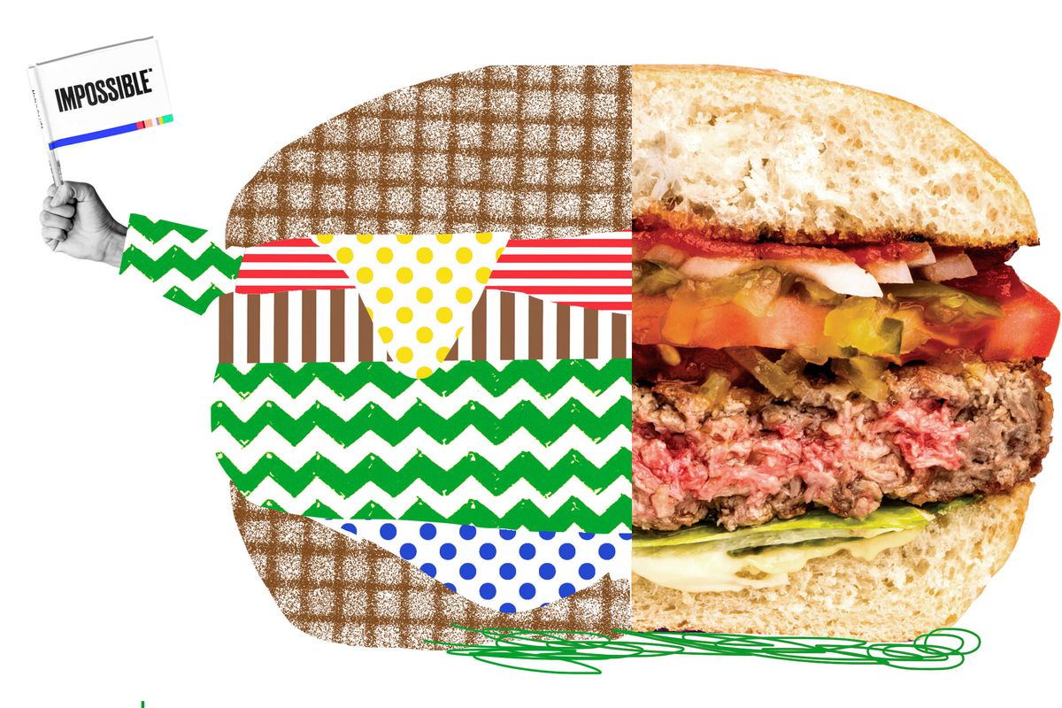 An illustration of a burger waving an Impossible flag.