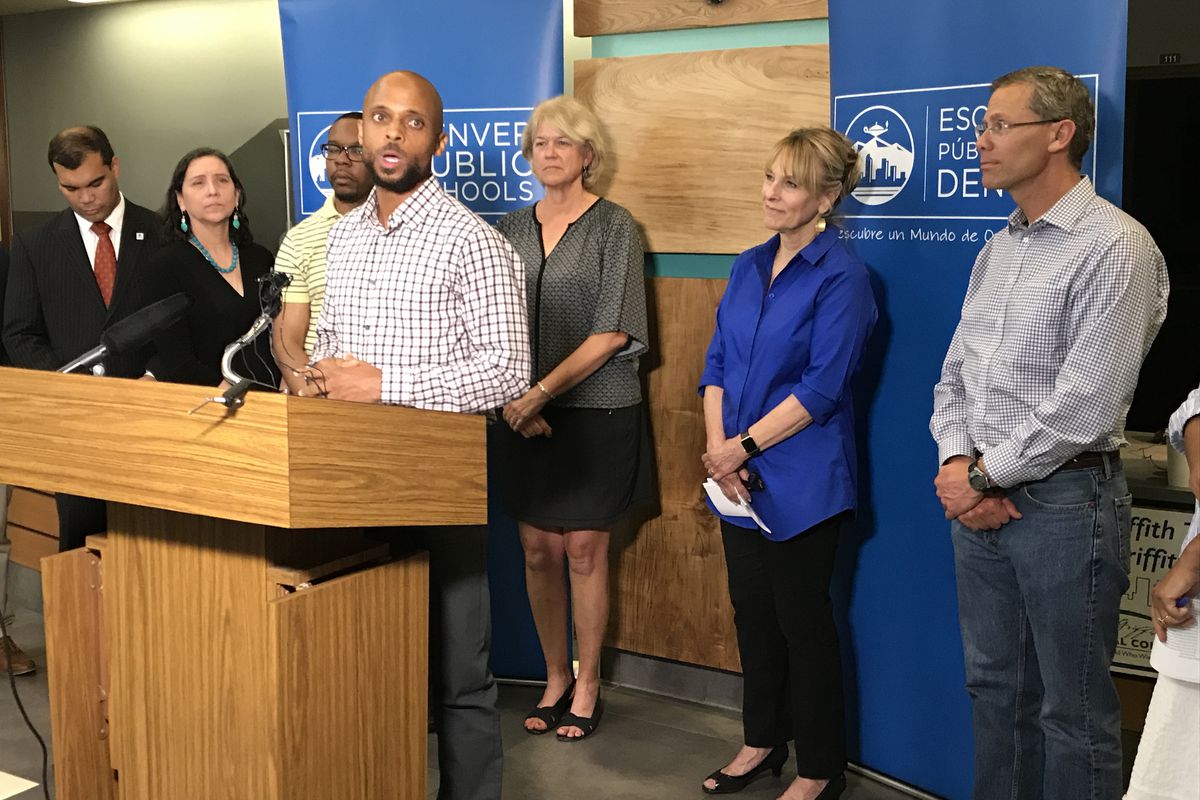 Antwan Jefferson speaks at the press conference. Jefferson is a university professor, former DPS teacher and current DPS parent.
