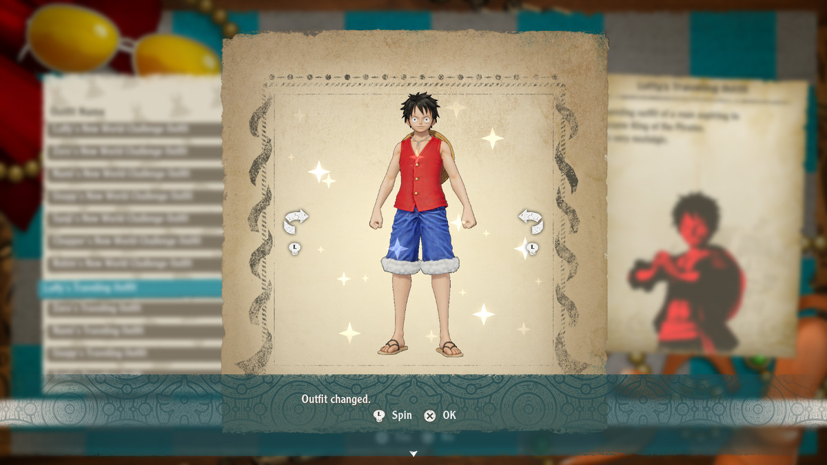 One Piece Odyssey Change Outfits menu with Luffy in his Traveling Outfit.
