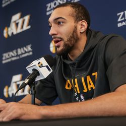 Utah Jazz center Rudy Gobert talks to journalists at the Zions Bank Basketball Center in Salt Lake City on Wednesday, May 9, 2018.