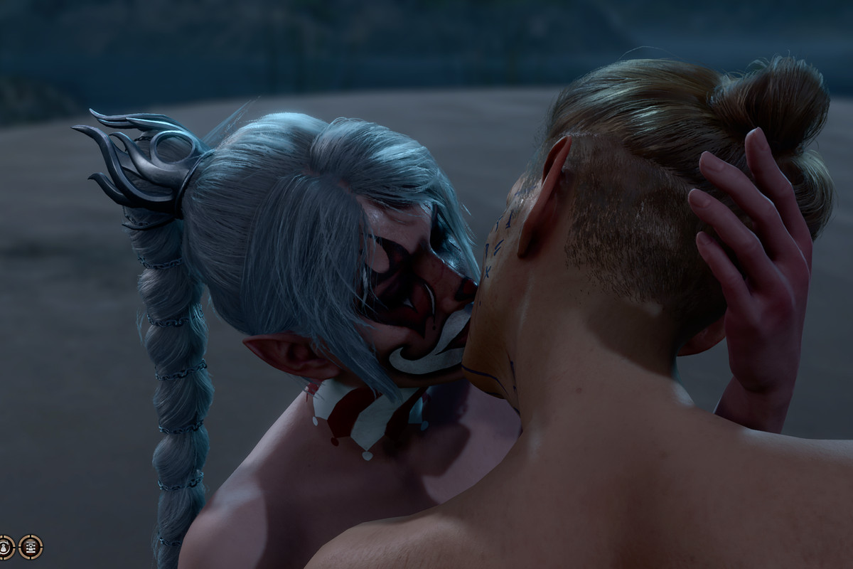 Shadowheart wearing clown face makeup, in Baldur’s Gate 3, kissing the player character.