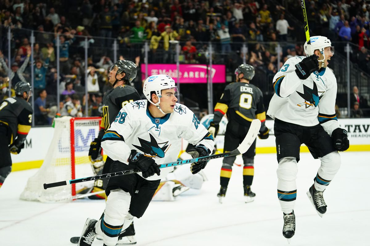 Apr 24, 2022; Las Vegas, Nevada, USA; San Jose Sharks right wing Timo Meier (28) reacts after scoring on Vegas Golden Knights goaltender Logan Thompson (36) during the third period at T-Mobile Arena.