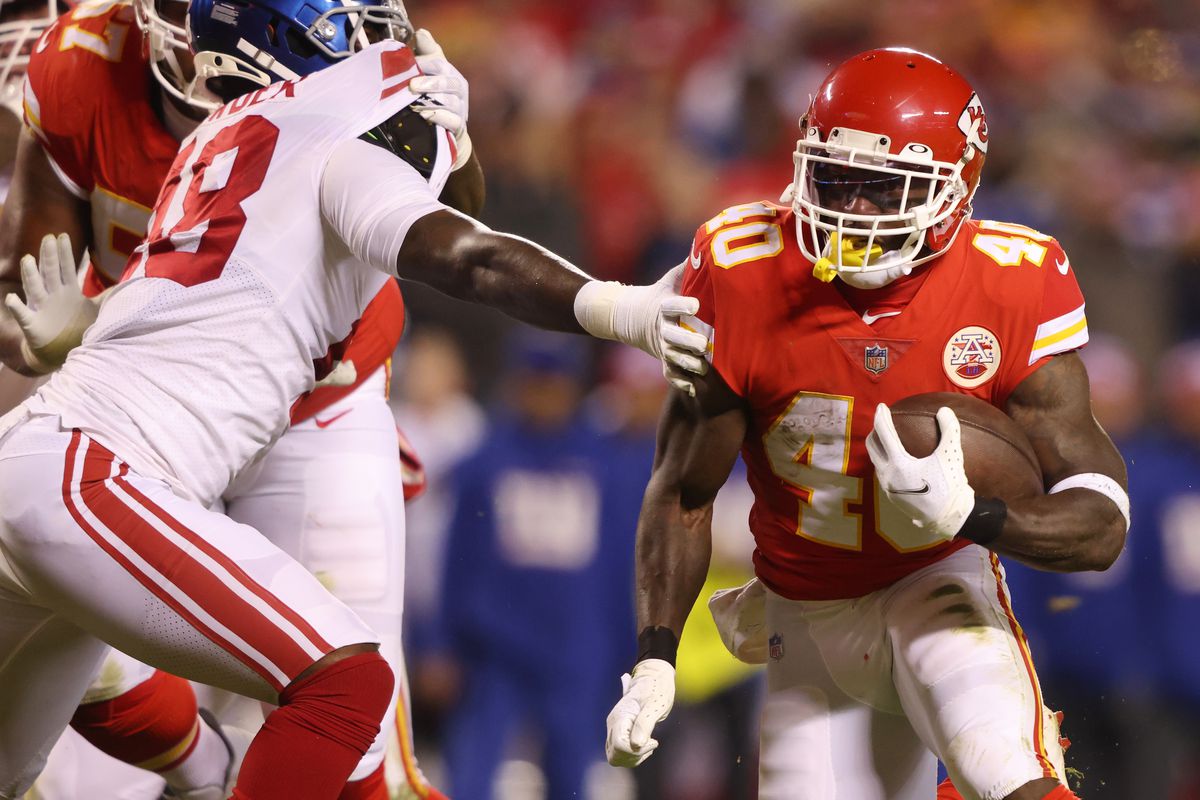 Derrick Gore #40 of the Kansas City Chiefs carries the ball during the first half against the New York Giants at Arrowhead Stadium on November 01, 2021 in Kansas City, Missouri.