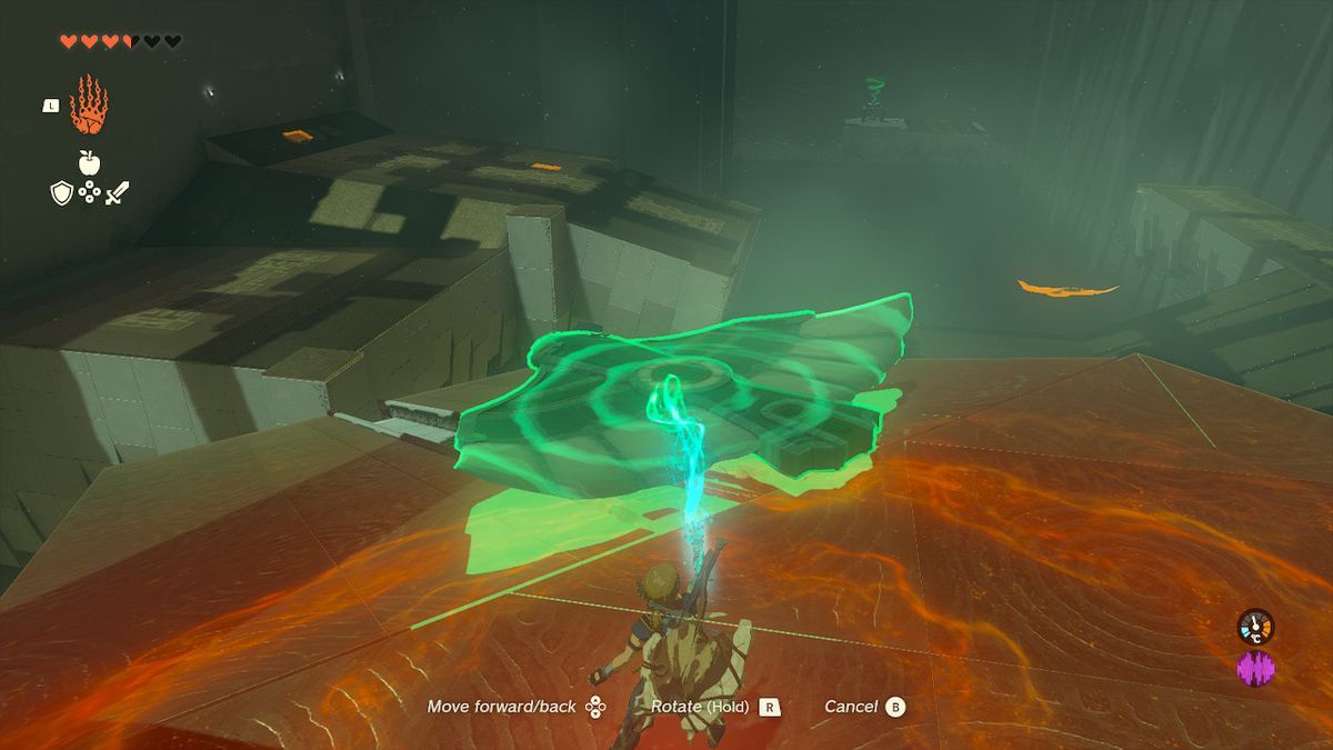 Link holds a wing with ultrahand in the Jirutagumac Shrine in Zelda Tears of the Kingdom.