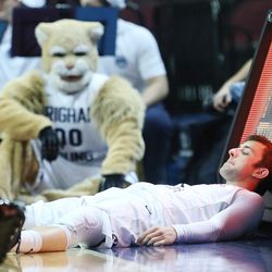 Brigham Young Cougars guard Nick Emery (4) hits the floor during the WCC tournament in Las Vegas Saturday, March 5, 2016. BYU won 72-60. 