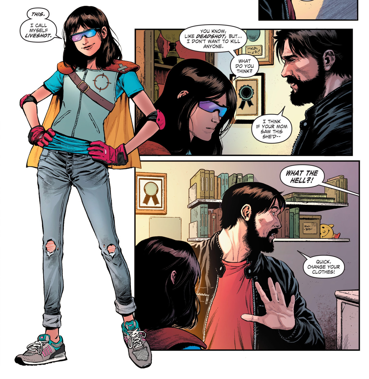 Deadshot’s daughter Zoe shows off her home-made superhero costume as Liveshot, in Suicide Squad #7, DC Comics (2020). 