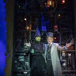 Jackie Burns as Elphaba, left, and Jason Graae as the Wizard in "Wicked." The show is playing in Salt Lake City at the Eccles Theater through March 3.