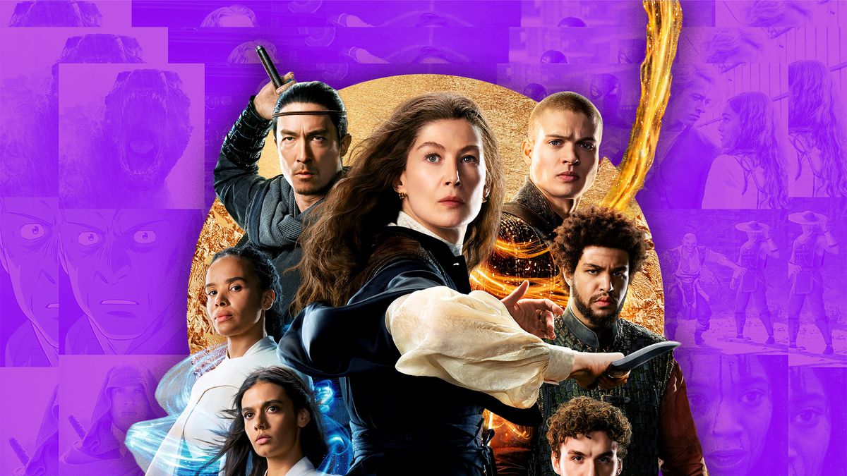 The cast of Wheel of Time season 2 stacked on top of each other in front of a fall preview background