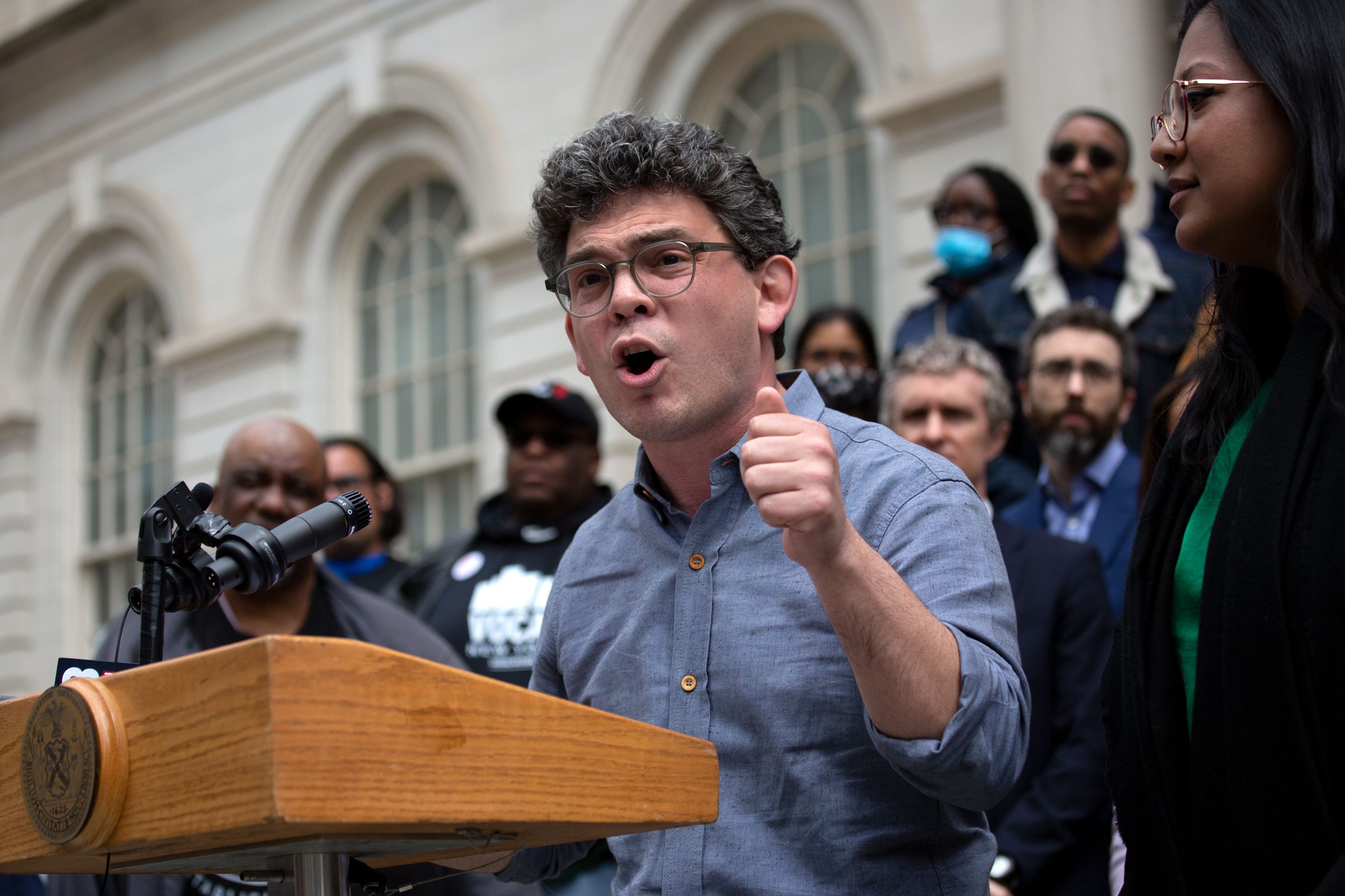 Councilmember Lincoln Restler (D-Brooklyn) speaks at a City Hall rally calling on Mayor Eric Adams to invest more in affordable housing and homeless services, April 21, 2022.