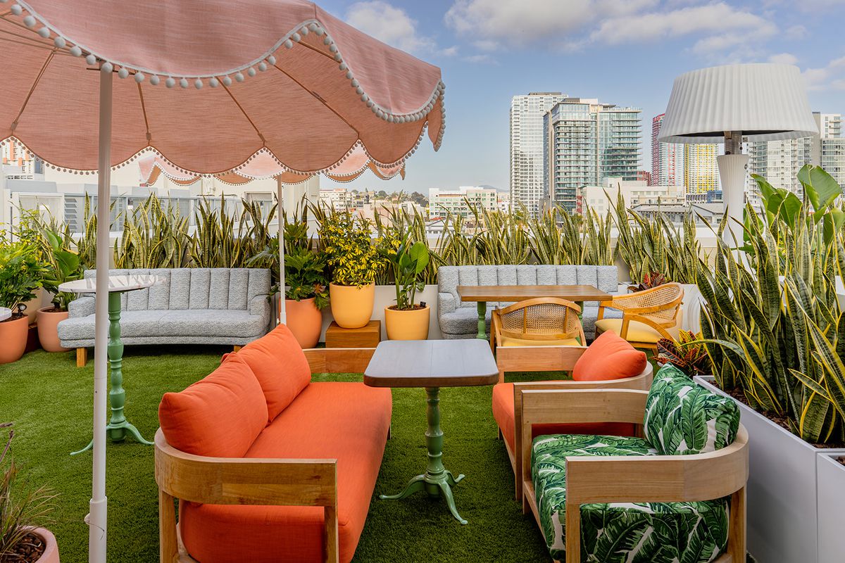 Furniture on a rooftop bar.