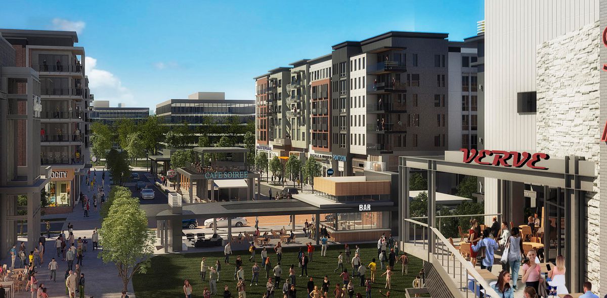 A rendering of the proposed project shows pedestrians aplenty roaming through an urban campus lined with mid-rise buildings.